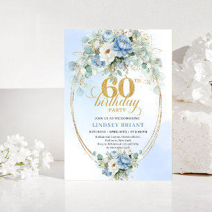 Boho dammig blå blomstergestaltning 60-års födelse inbjudningar