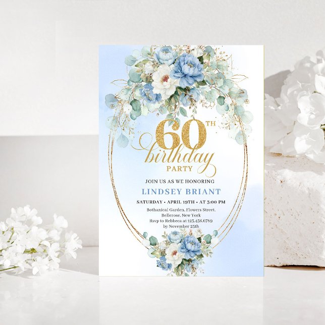 Boho dammig blå blomstergestaltning 60-års födelse inbjudningar (Boho Dusty Blue Floral 60th Birthday Invitation)