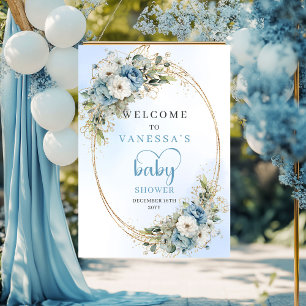Boho dammig blå blomsterguld baby shower poster