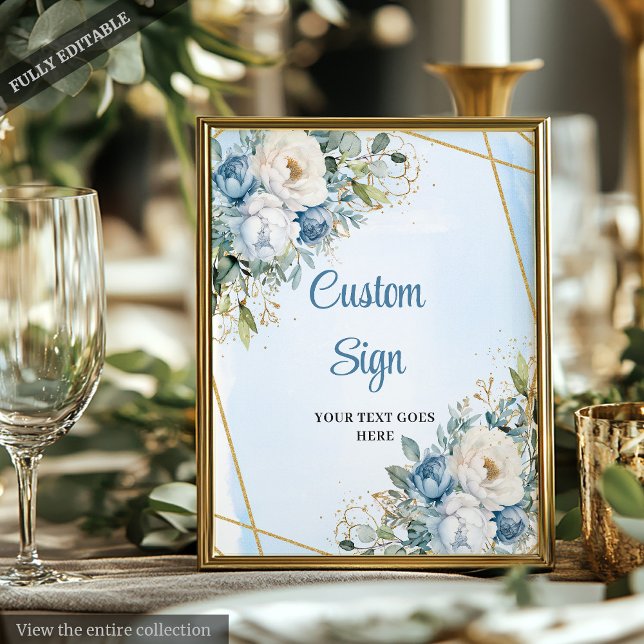 Boho Dammig Blå Eukalyptus Guld Glitter Anpassad Poster (Boho Dusty Blue Eucalyptus Gold Glitter Custom Sign)
