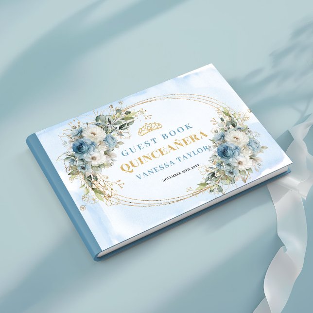 Boho dammig blå guld blommig eukalyptus gästbok (Boho Dusty Blue Gold Floral Eucalyptus Guest Book)