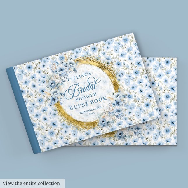 Boho Dammig Blå Guld Vilda Blommor Bröllopsdusch Gästböcker (Boho Dusty Blue Gold Wild Flowers Bridal Shower Guest Book)