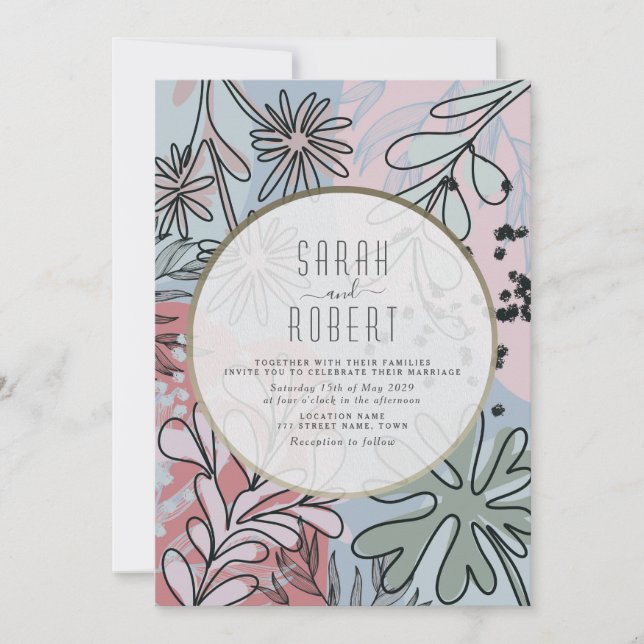 Boho dammig blå rosa blommig bröllopsinbjudan inbjudningar (Framsida)