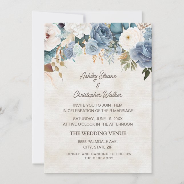 Boho dammig blå vita blommor krämbröllop inbjudningar (Framsida)