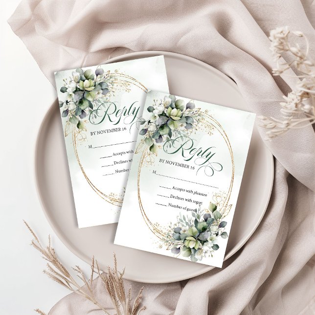 Boho dammig grön eukalyptus botanisk bröllops-RSVP OSA Kort (Boho Dusty Green Eucalyptus Botanical Wedding Reply RSVP Card)