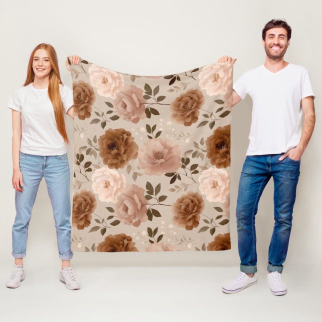 Boho dammig rosa blomma beige blommönster fleecefilt (På plats)