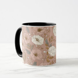 Boho dammig rosa blomma beige blommönster mugg