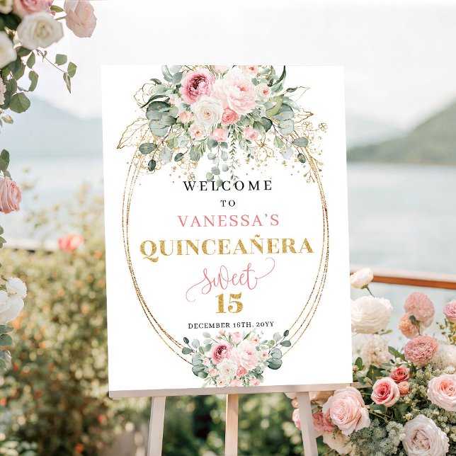 Boho dammig rosa blomstergrej Quinceañera välkomst Poster (Boho Dusty Pink Floral Quinceañera Welcome)