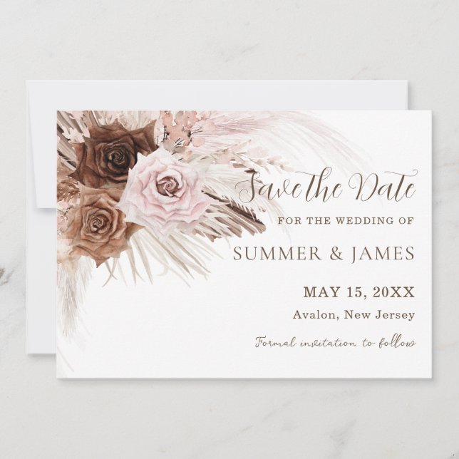 Boho dammig rosa brun blommande Pampas gräs bröllo Spara Datumet (Framsida)