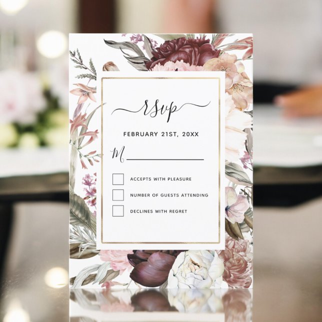 Boho dammig rosa burgunder röda bröllops-RSVP Inbjudningar (Skapare uppladdad)