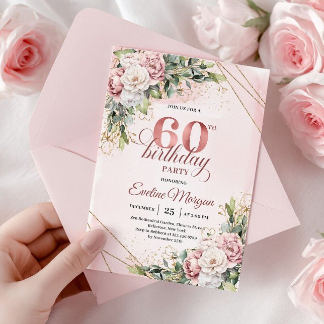 Boho dammig rosa roséguld vattenfärg 60-årsdag inbjudningar (Dusty Pink Rose Gold Watercolor 60th Birthday Invitation)