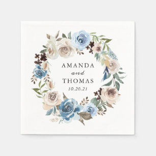 Boho dammiga blå blomiga bröllopsservetter pappersservett