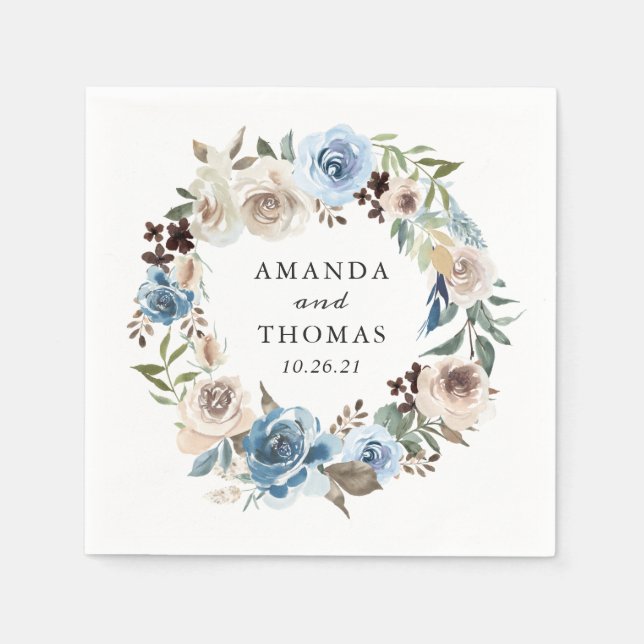 Boho dammiga blå blomiga bröllopsservetter pappersservett (Framsidan)