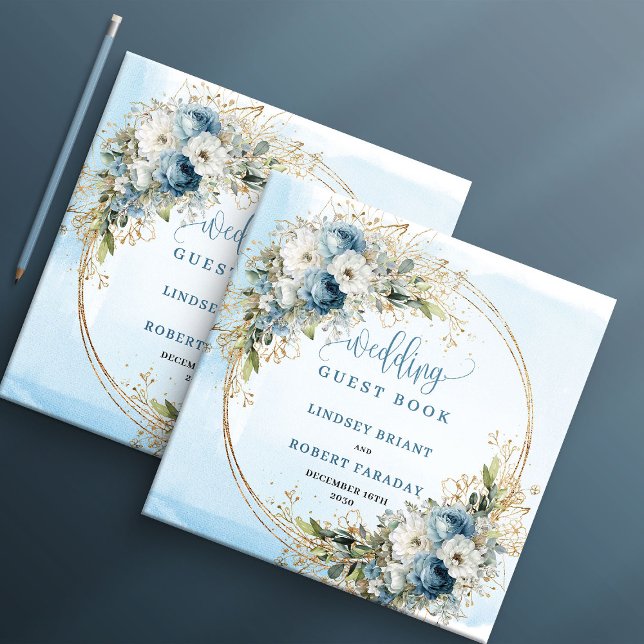 Boho dammiga blå blommor grönska guld gästbok (Boho Dusty Blue Flowers Greenery Gold Guest Book)
