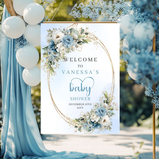 Boho dammiga blå blommor guld Baby Shower Välkomme Poster (Boho Dusty Blue Flowers Gold Baby Shower Welcome Sign

)