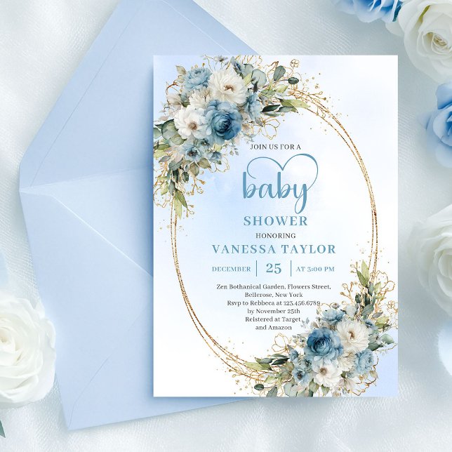Boho dammiga blå blommor guldskrift baby shower  inbjudningar (Boho Dusty Blue Flowers Gold Script Baby Shower Card

)