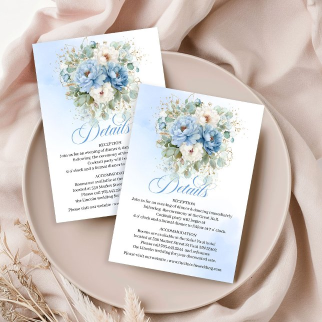 Boho dammiga blå peonior vita bröllopsdetaljkort tilläggskort (Boho Dusty Blue Peonies White Wedding Details Card)