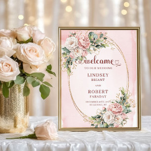 Boho dammiga rosa blommor guld glitter välkomstsky poster
