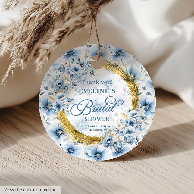Boho Dammigt Blått Guld Glitter Blommor Bröllopsfe Gåvor Etiketter (Boho Dusty Blue Gold Glitter Flowers Bridal Shower Favor Tags)