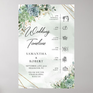 Boho dammigt gröna suckulenter guld bröllop Tidsli Poster