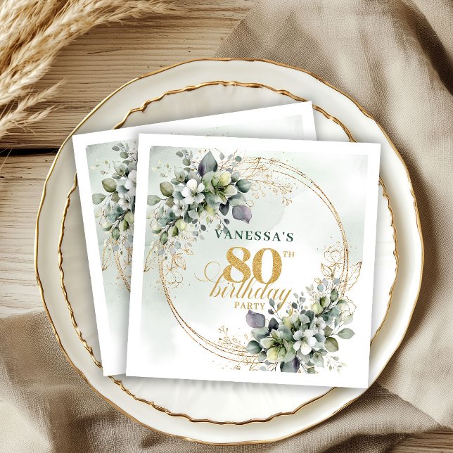 Boho Dammigt Grönt Botaniskt 80-års Födelsedagsser Pappersservett (Boho Dusty Green Botanical 80th Birthday Napkins)