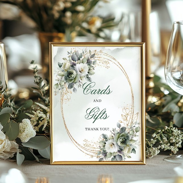 Boho Dammigt Grönt Eucalyptus Kort Och Gåvor Bord  Poster (Boho Dusty Green Eucalyptus Cards And Gifts Table Sign)