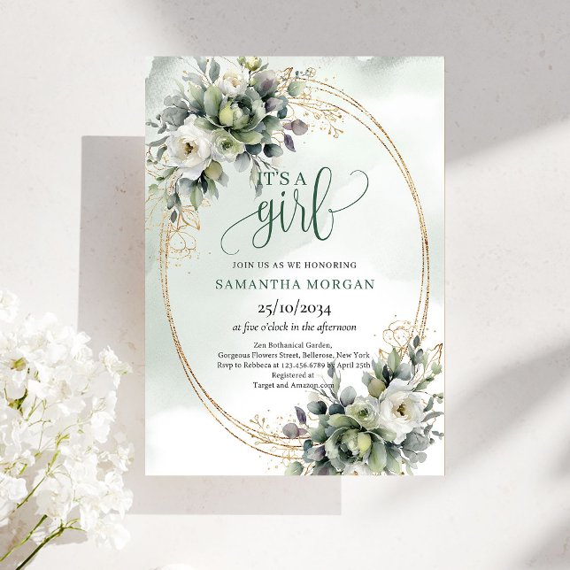 Boho Dammigt Grönt Eukalyptus Design Det Är En Tje Inbjudningar (Boho Dusty Green Eucalyptus Design It’s A Girl Invitation)