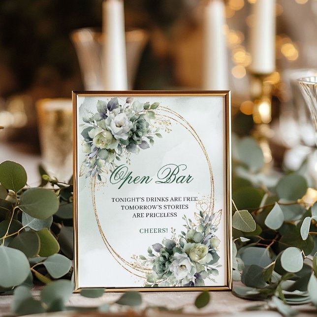 Boho Dammigt Grönt Eukalyptus Öppet Bar Bordskylt Poster (Boho Dusty Green Eucalyptus Open Bar Tabletop Sign)