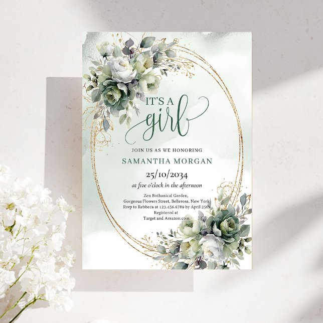 Boho Dammigt Grönt Eukalyptus Tema För Söt  Inbjudningar (Boho Dusty Green Eucalyptus Theme For Sweet It’s A Girl Invite)