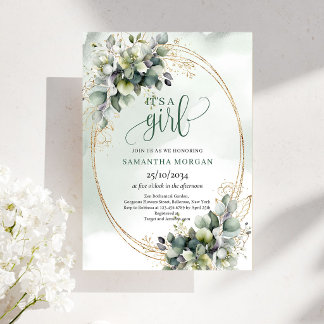 Boho Dammigt Grönt Eukalyptusblad It's A Girl Inbjudningar