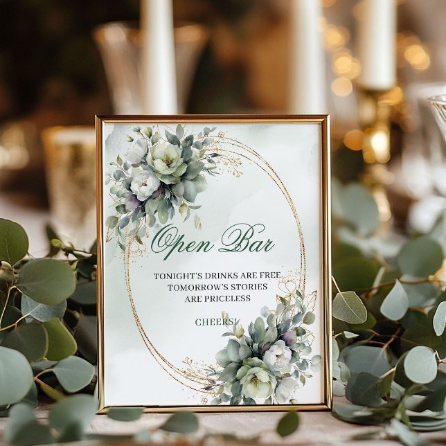 Boho Dammigt Grönt Öppet Bar Bordskiva Bröllopssky Poster (Boho Dusty Green Open Bar Tabletop Wedding Sign)