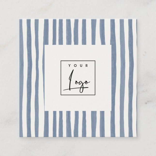 Boho dämpad blå akvarell handritade ränder logotyp fyrkantigt visitkort (Framsida)