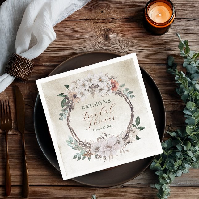 Boho Dämpad Höst Blommig Bröllopsfest Pappersservett (Boho Muted Fall Floral and Grapevine Wreath "Fall in Love" Collection Bridal Shower Paper Napkins)