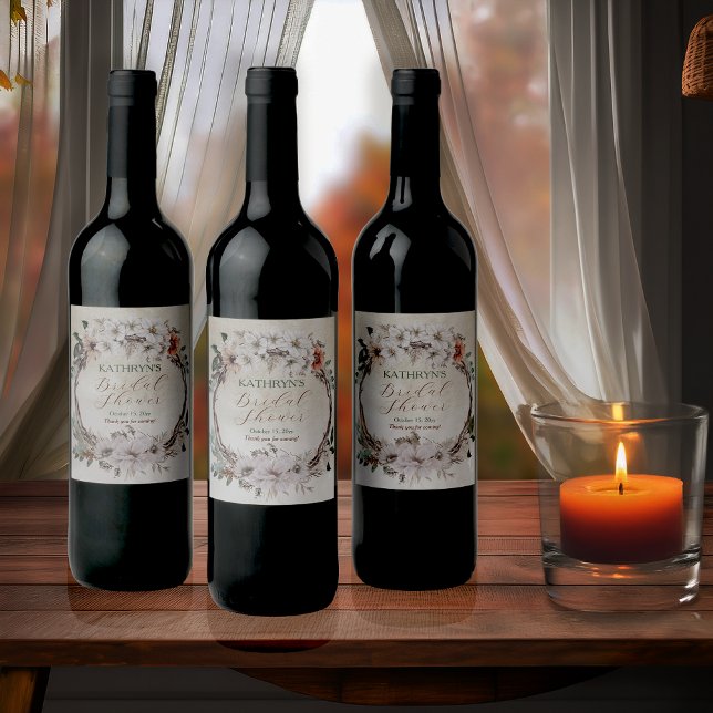 Boho Dämpad Höst Blommig Bröllopsfest Vinflaska Etikett (Boho Muted Fall Floral and Grapevine Wreath Fall in Love Bridal Shower Collection Wine Bottle Labels)