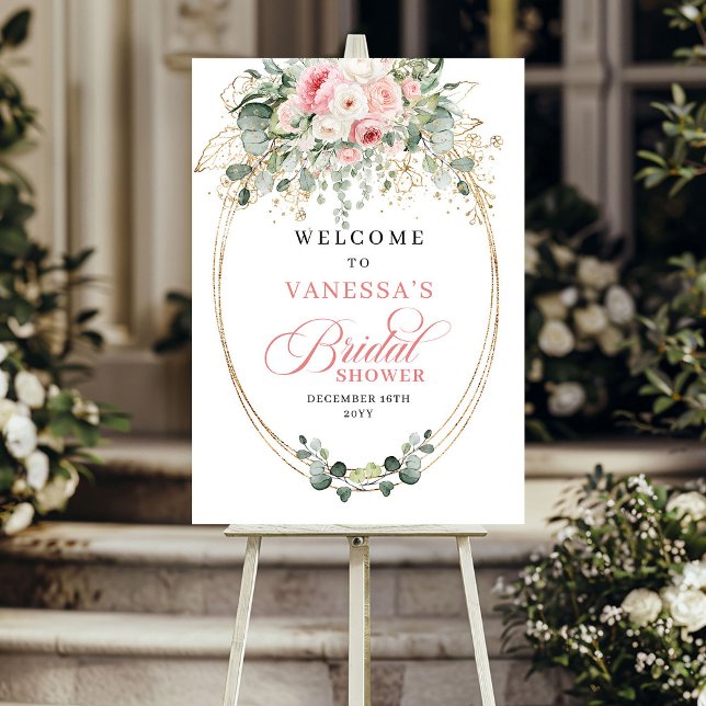 Boho Damrosa Blommor Grönska Bröllopsfest Poster (Boho Dusty Pink Flowers Greenery Bridal Shower Welcome)