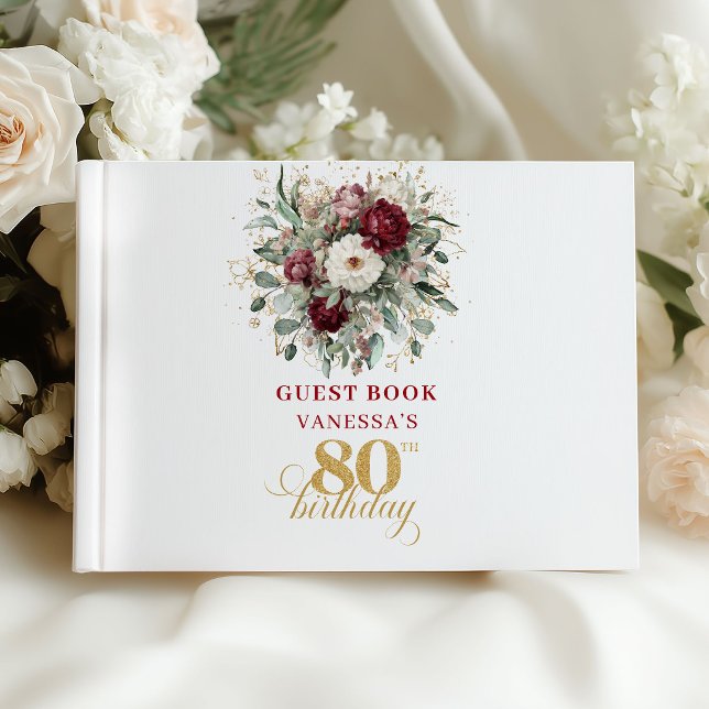 Boho Deep Red Blommig Gästbok för 80-årsfirande (Boho Deep Red Floral 80th Birthday Guest Book)