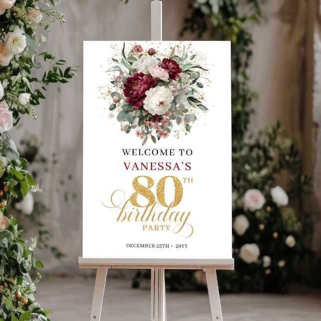 Boho Deep Red Blommig Välkomstskylt för 80-årsfira Poster (Boho Deep Red Floral 80th Birthday Welcome Poster)