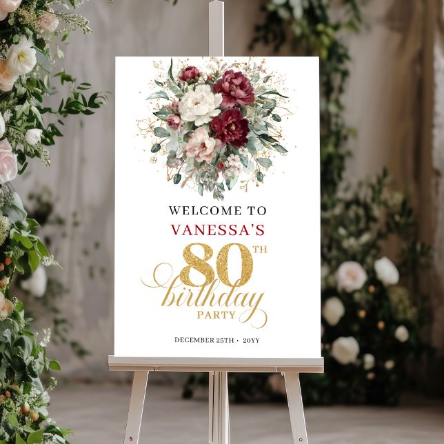 Boho Deep Red Blommig Välkomstskylt för 80-årsfira Poster (Boho Deep Red Floral 80th Birthday Welcome Poster)