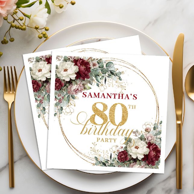 Boho Deep Red Blommiga Servetter till 80-årsfirand (Boho Deep Red Floral 80th Birthday Napkins)