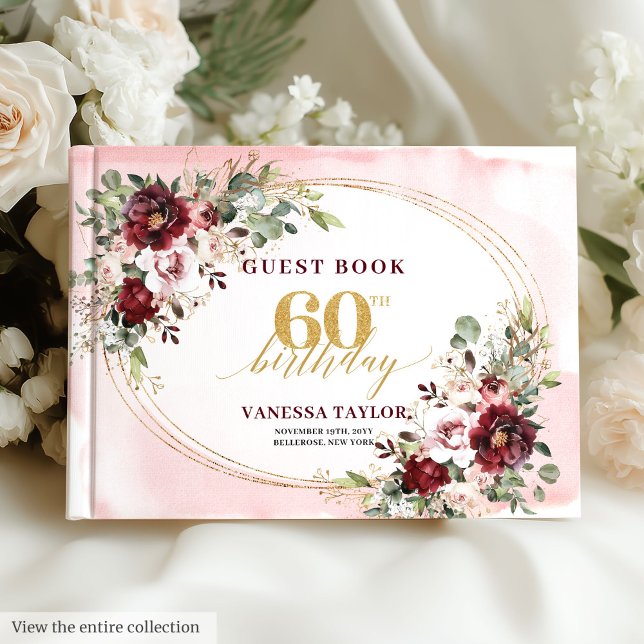 Boho Deep Red Gold Floral 60th Birthday Guest Book Gästböcker (Boho Deep Red Gold Floral 60th Birthday)