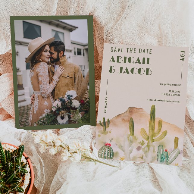 Boho Desert Cactus Arizona Destination bröllop Spara Datumet (Boho Desert Cactus Arizona Destination wedding Save The Date on beige)