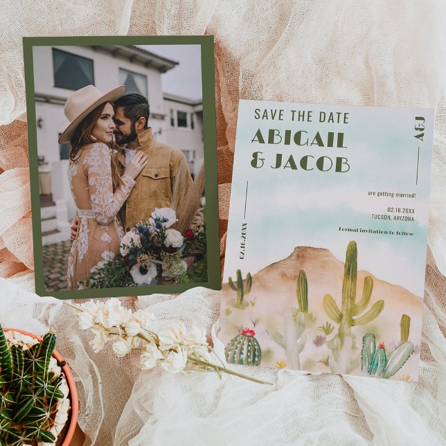 Boho Desert Cactus Arizona Destination bröllop Spara Datumet (Boho Desert Cactus Arizona Destination wedding Save The Date on blue sky)