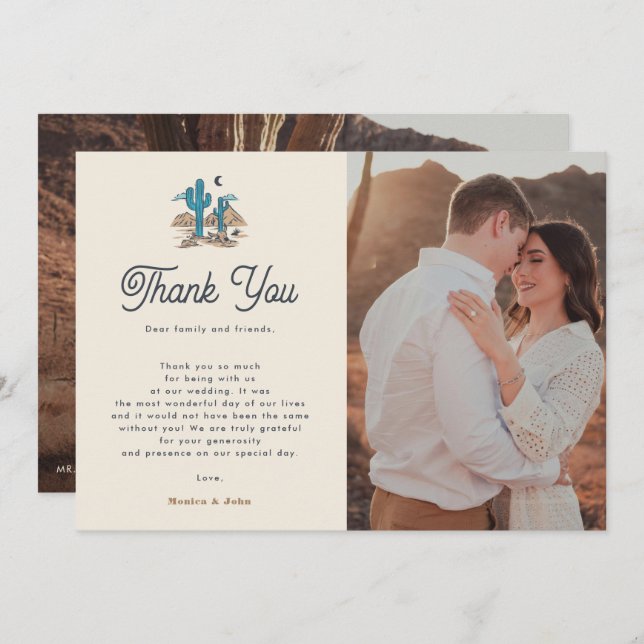 Boho Desert Cactus Retro Arizona 2 Photo Wedding Tack Kort (Fram/baksida)