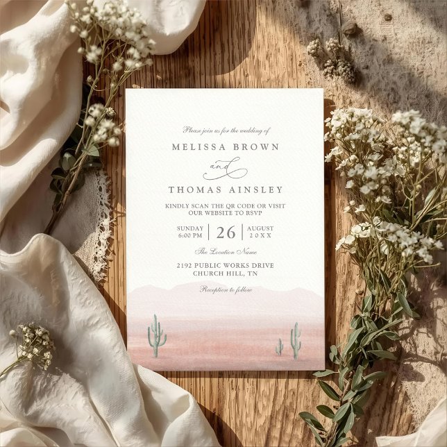 Boho Desert Cactus Rustic Elegant QR Code Wedding Inbjudningar (Skapare uppladdad)