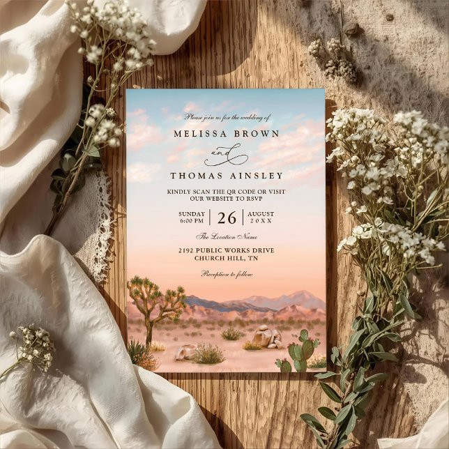 Boho Desert Cactus Rustic Elegant QR Code Wedding Inbjudningar (Skapare uppladdad)