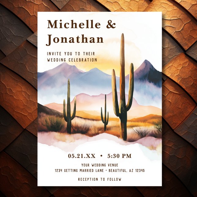 Boho Desert Cactus Sunset Westernare Bröllop Inbjudningar (Front - Boho Desert Cactus Sunset Western Wedding Invitation)