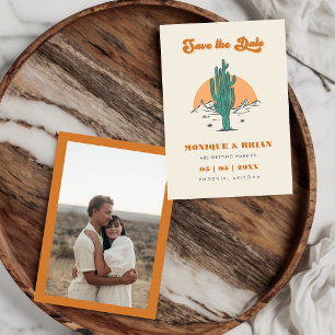 Boho Desert Groovy Retro Cactus & Photo Bröllop Spara Datumet
