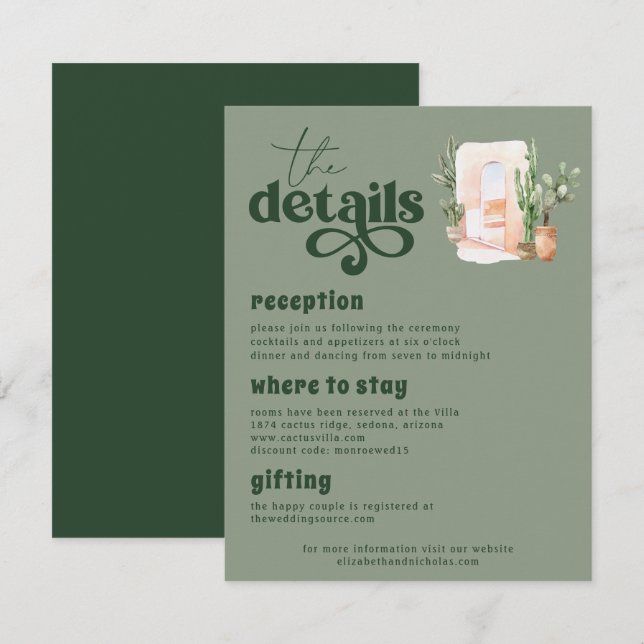 Boho Desert | Information om Cactus Grönt Bröllop  Tilläggskort (Fram/baksida)