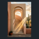 Boho Desert Pink Arches Sunset, Spiral Staircase W Poster<br><div class="desc">Boho desert arches in soft pink and beige framing sunset with spiral staircase and saguaro cactus. Teal shadows,  geometric walls,  and agave plants create a dreamy Southwestern escape. Perfect for bedroom,  living room,  or modern boho decor—high-resolution digital illustration.

Elevate your space with this serene desert architecture sunset scene.</div>