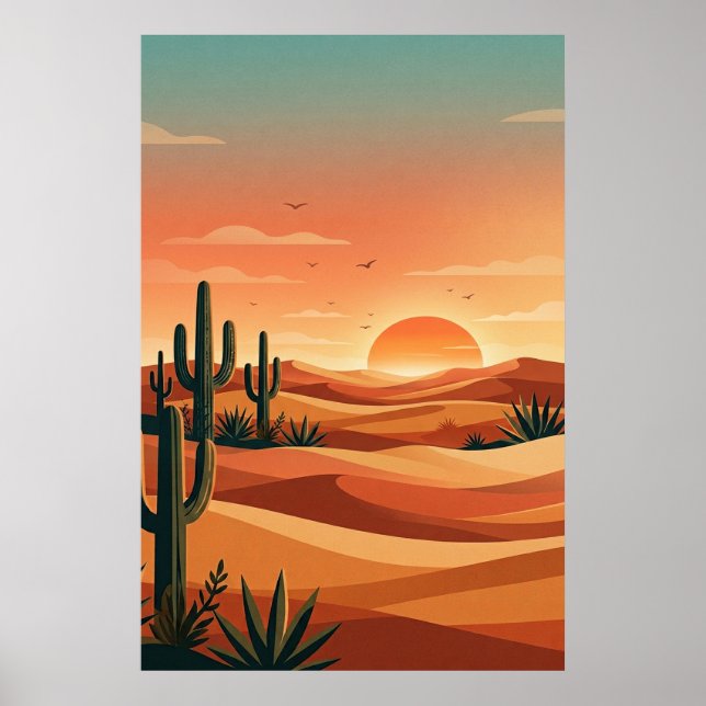 Boho Desert Sunset Dunes with Cactus & Flying Bird Poster (Framsidan)